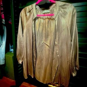 Geren Ford Gold Patterned v neck button up blouse. 3/4 sleeve. Archival Designer